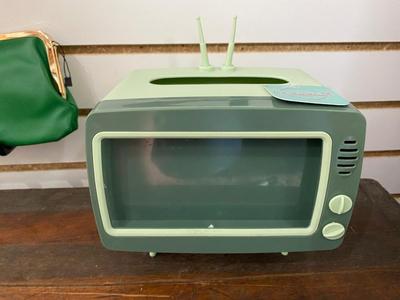 RETRO LOOK TELEVISION TISSUE HOLDER/PHONE HOLDER COMBO, GREEN CLUTCH AND LMAO LANE. SIGN