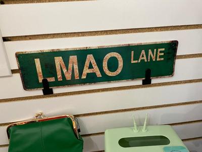 RETRO LOOK TELEVISION TISSUE HOLDER/PHONE HOLDER COMBO, GREEN CLUTCH AND LMAO LANE. SIGN