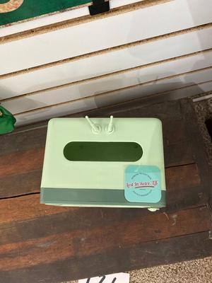 RETRO LOOK TELEVISION TISSUE HOLDER/PHONE HOLDER COMBO, GREEN CLUTCH AND LMAO LANE. SIGN