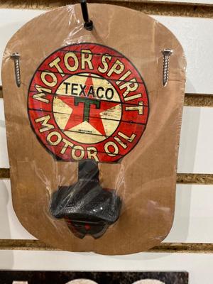 TEXACO ADVERTISING ITEMS, PLASTIC SIGN, OIL CAN AND TIN AND CAST IRON BOTTLE OPENER