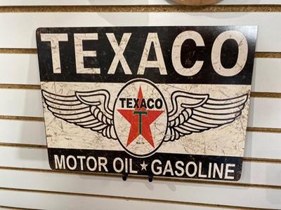 TEXACO ADVERTISING ITEMS, PLASTIC SIGN, OIL CAN AND TIN AND CAST IRON BOTTLE OPENER