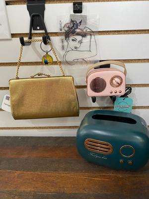 VINTAGE GOLD CLUTCH, MINI BLUETOOTH RADIO/MP3 PLAYER, WINDOW DECAL, TISSUE BOX HOLDER