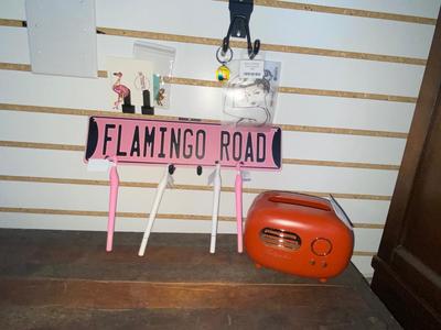 FLAMINGO ROAD SIGN AND A TISSUE BOX HOLDER