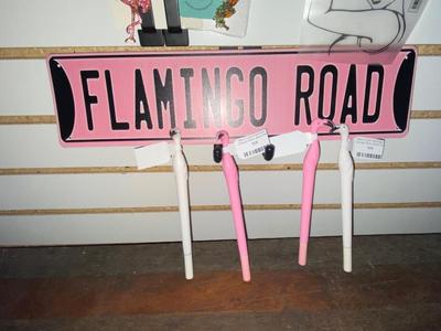 FLAMINGO ROAD SIGN AND A TISSUE BOX HOLDER