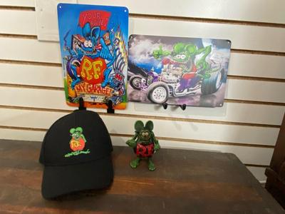 8x12 RAT FINK SIGNS, BALL CAP, AND ACTION FIGURE