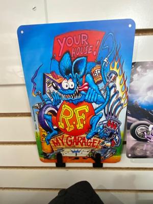8x12 RAT FINK SIGNS, BALL CAP, AND ACTION FIGURE