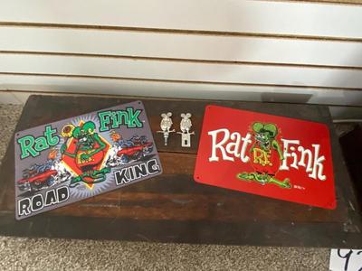 RAT FINK SIGNS, HOOD AND LICENSE PLATE ORNAMENTS