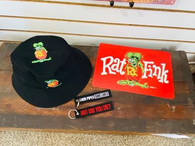 RAT FINK BUCKET HAT, SIGN AND KEYCHAINS