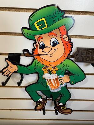 CAST IRON "HAPPY BEER DRINKING" SIGN & ANOTHER LITTLE IRISHMAN