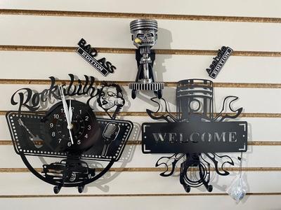 SOME “BAD ASS” WALL DECOR, ACTUAL RECORD ALBUM CLOCK AND A PISTON MASCOT