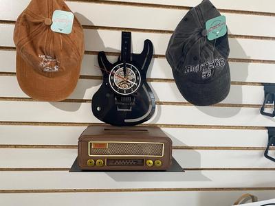 VINYL ALBUM GUITAR SHAPED CLOCK, RETRO LOOK TISSUE BOX HOLDER AND BALL CAPS