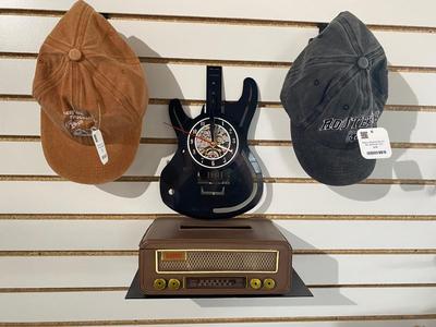 VINYL ALBUM GUITAR SHAPED CLOCK, RETRO LOOK TISSUE BOX HOLDER AND BALL CAPS