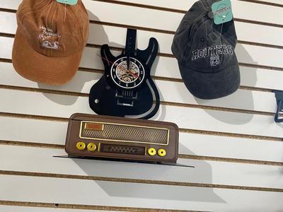VINYL ALBUM GUITAR SHAPED CLOCK, RETRO LOOK TISSUE BOX HOLDER AND BALL CAPS