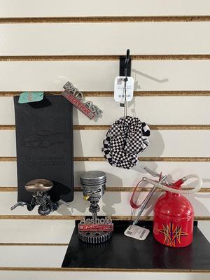 SUPER NICE VEHICLE REGISTRATION AND INSURANCE CARD HOLDER, PISTON MAN, NIFTY EMBLEMS, CHECKERED HAIR SCRUNCHIES, AND HAND PAINTED OIL CAN