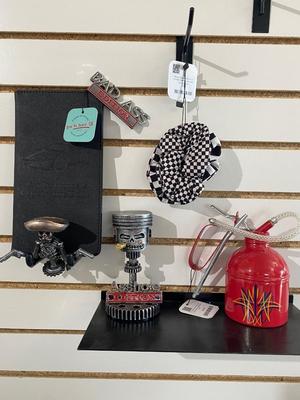 SUPER NICE VEHICLE REGISTRATION AND INSURANCE CARD HOLDER, PISTON MAN, NIFTY EMBLEMS, CHECKERED HAIR SCRUNCHIES, AND HAND PAINTED OIL CAN
