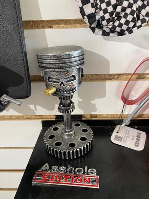 SUPER NICE VEHICLE REGISTRATION AND INSURANCE CARD HOLDER, PISTON MAN, NIFTY EMBLEMS, CHECKERED HAIR SCRUNCHIES, AND HAND PAINTED OIL CAN