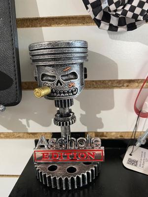 SUPER NICE VEHICLE REGISTRATION AND INSURANCE CARD HOLDER, PISTON MAN, NIFTY EMBLEMS, CHECKERED HAIR SCRUNCHIES, AND HAND PAINTED OIL CAN