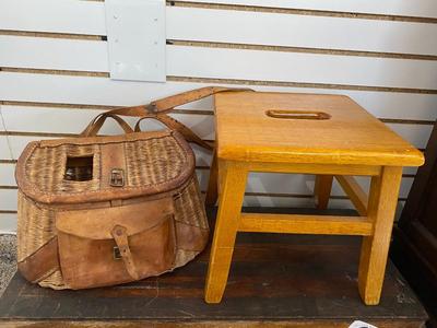 VINTAGE FISHING CREEL AND LITTLE WOODEN STOOL