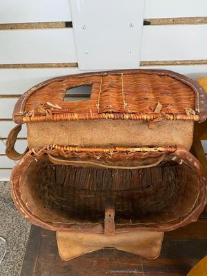 VINTAGE FISHING CREEL AND LITTLE WOODEN STOOL