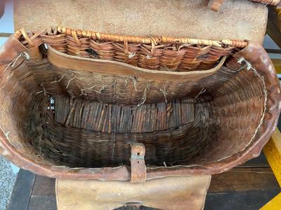 VINTAGE FISHING CREEL AND LITTLE WOODEN STOOL