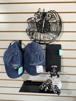 SCRUNCHIES, BALL CAPS, VINYL ALBUM CLOCK, INSURANCE CARD HOLDER AND HOOD ORNAMENT