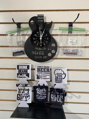 EMBLEMS, VINYL GUITAR WALL CLOCK, CAN COOLERS