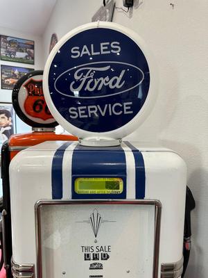 AUTHENTIC RETRO FORD SALES SERVICE GAS PUMP WITH GLOBE
