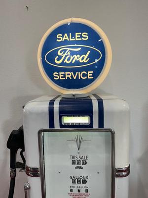 AUTHENTIC RETRO FORD SALES SERVICE GAS PUMP WITH GLOBE