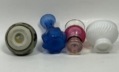 Lot of 4 Small Vintage Vases - ceramic pottery, cobalt blue glass, milk glass, etc