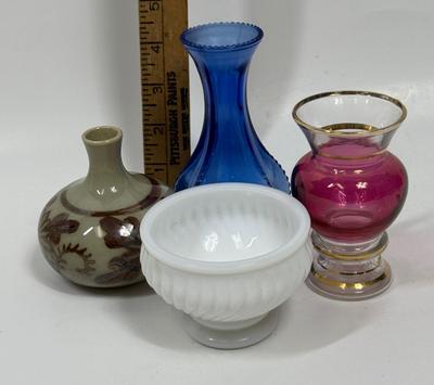 Lot of 4 Small Vintage Vases - ceramic pottery, cobalt blue glass, milk glass, etc