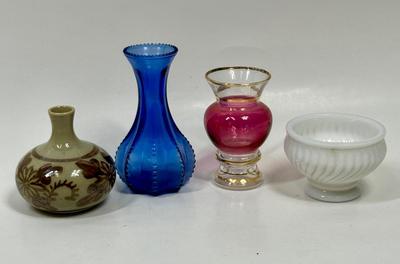 Lot of 4 Small Vintage Vases - ceramic pottery, cobalt blue glass, milk glass, etc