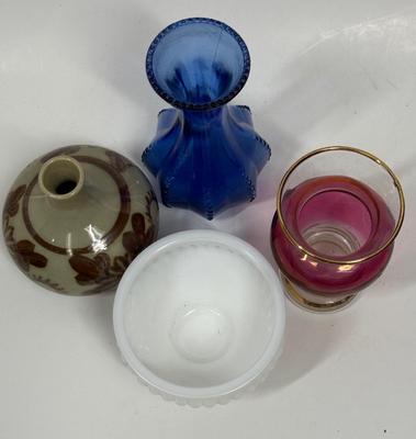Lot of 4 Small Vintage Vases - ceramic pottery, cobalt blue glass, milk glass, etc