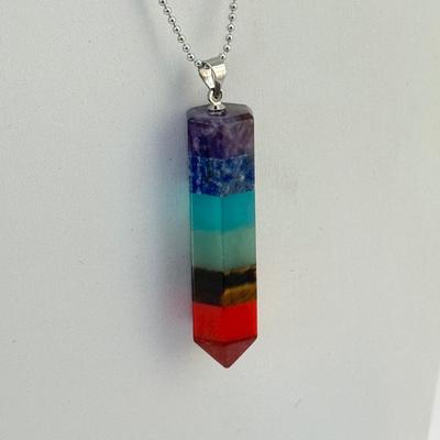 LOT 331J: 14k White Gold Fill Bail Rainbow 7 Chakra Natural Gemstone Pendant on 18” Chain