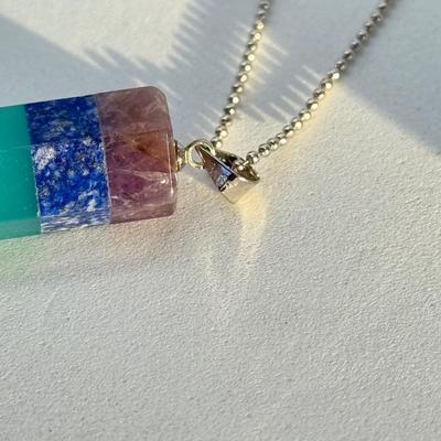 LOT 331J: 14k White Gold Fill Bail Rainbow 7 Chakra Natural Gemstone Pendant on 18” Chain
