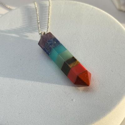 LOT 331J: 14k White Gold Fill Bail Rainbow 7 Chakra Natural Gemstone Pendant on 18” Chain