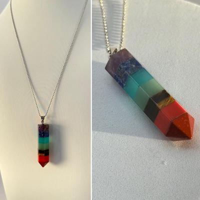 LOT 331J: 14k White Gold Fill Bail Rainbow 7 Chakra Natural Gemstone Pendant on 18” Chain