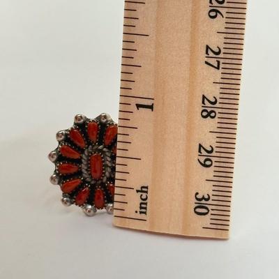 LOT 332J: Vintage Silver 1992 Artist Signed “LC” Zuni Coral Navajo Ring (Size 4.5)