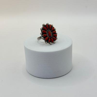 LOT 332J: Vintage Silver 1992 Artist Signed “LC” Zuni Coral Navajo Ring (Size 4.5)