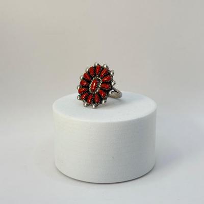 LOT 332J: Vintage Silver 1992 Artist Signed “LC” Zuni Coral Navajo Ring (Size 4.5)