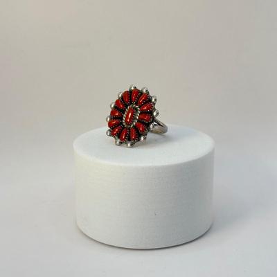 LOT 332J: Vintage Silver 1992 Artist Signed “LC” Zuni Coral Navajo Ring (Size 4.5)