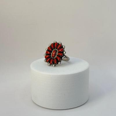 LOT 332J: Vintage Silver 1992 Artist Signed “LC” Zuni Coral Navajo Ring (Size 4.5)