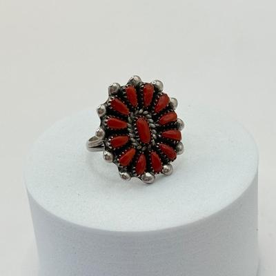 LOT 332J: Vintage Silver 1992 Artist Signed “LC” Zuni Coral Navajo Ring (Size 4.5)