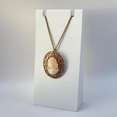 LOT 333J: Vintage 1/20th 12kt Gold Fill Shell Cameo Pendant / Brooch on 18” Chain
