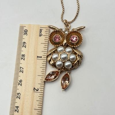 LOT 343J: Betsey Johnson Gold Tone Owl Pendant Necklace (32”)