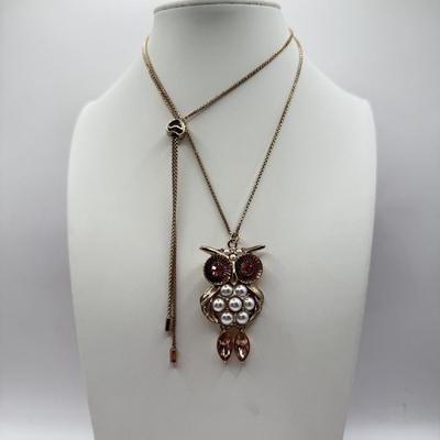 LOT 343J: Betsey Johnson Gold Tone Owl Pendant Necklace (32”)