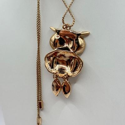 LOT 343J: Betsey Johnson Gold Tone Owl Pendant Necklace (32”)