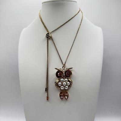 LOT 343J: Betsey Johnson Gold Tone Owl Pendant Necklace (32”)