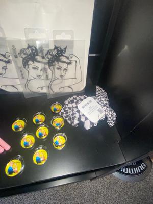 NOVELTY ITEMS, FLAMINGO PENS, ROSIE THE RIVETER KEYCHAINS & DECALS, HAIR SCRUNCHIES, LOUD PIPE KEY CHAINS