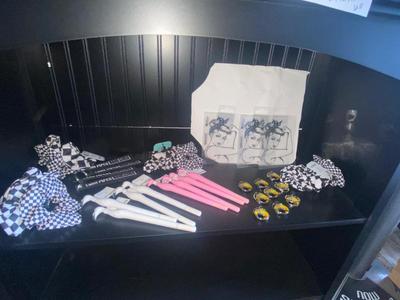 NOVELTY ITEMS, FLAMINGO PENS, ROSIE THE RIVETER KEYCHAINS & DECALS, HAIR SCRUNCHIES, LOUD PIPE KEY CHAINS