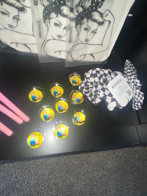 NOVELTY ITEMS, FLAMINGO PENS, ROSIE THE RIVETER KEYCHAINS & DECALS, HAIR SCRUNCHIES, LOUD PIPE KEY CHAINS